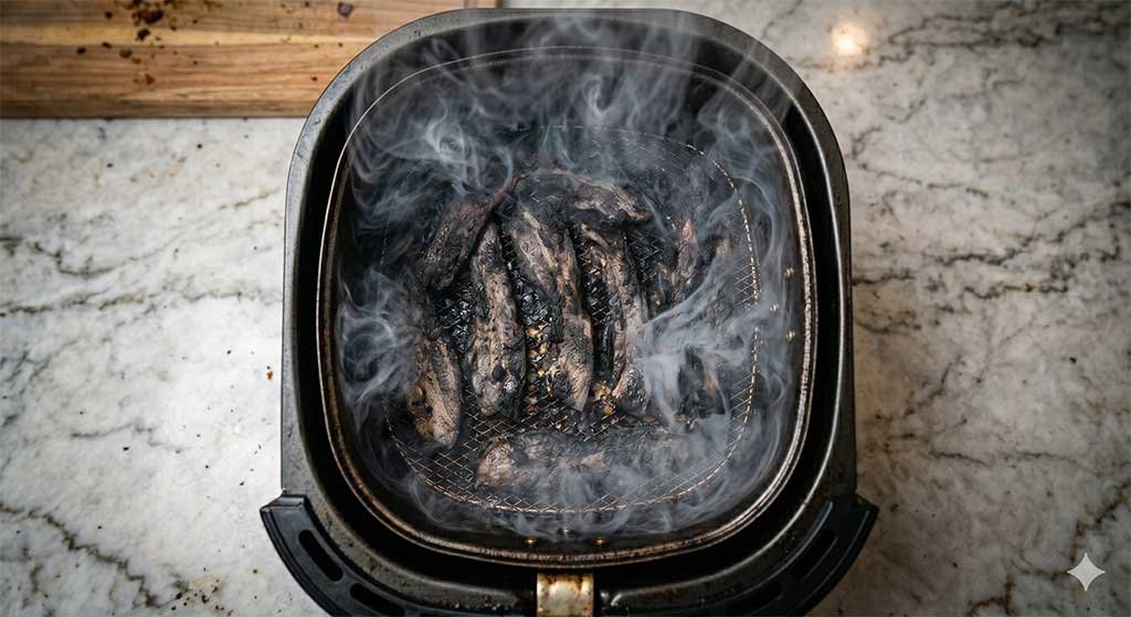 basket filled with heavily burning bacon slices