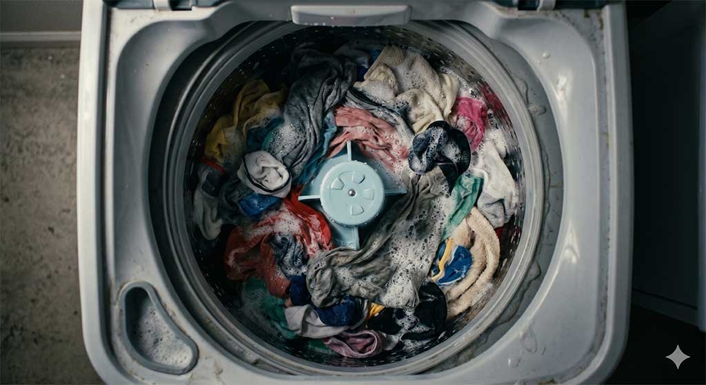 Washing Machine Brands to Avoid - Heavily tangled and soapy clothes inside a failing Danby portable washing machine drum.