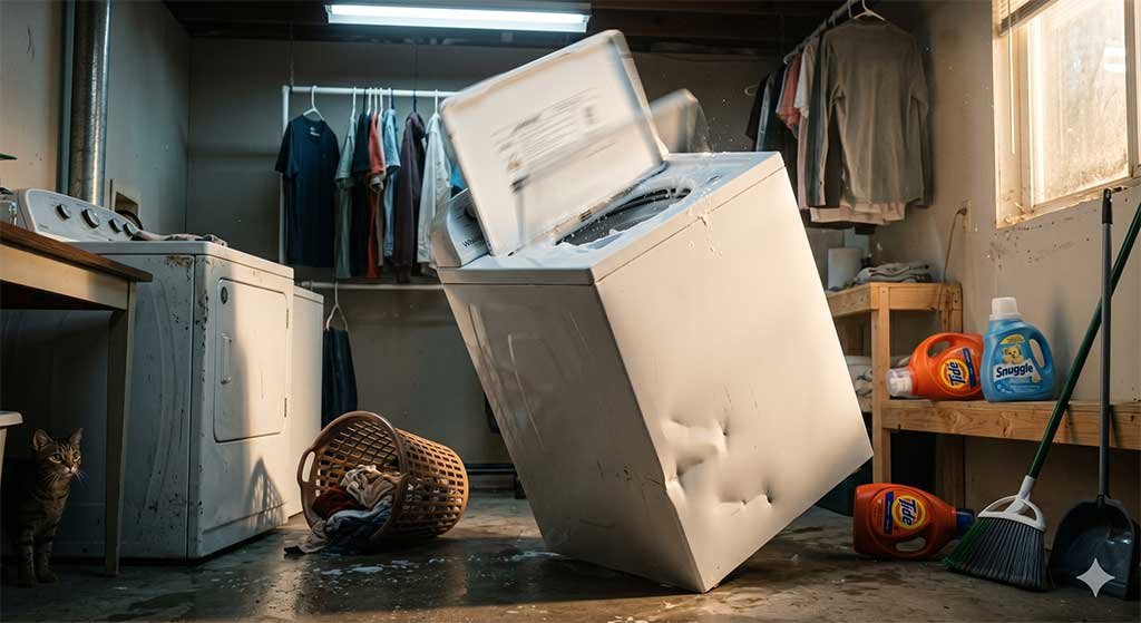 Worst Washing Machine Brands - Off-balance Frigidaire top-load washing machine violently shaking due to broken suspension rods.