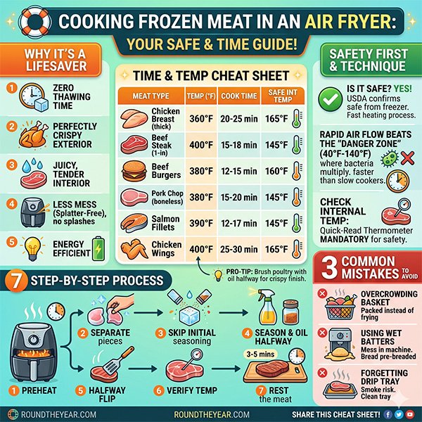 Infographic-Cooking Frozen Meat in an Air Fryer-Safety and Time Guide!