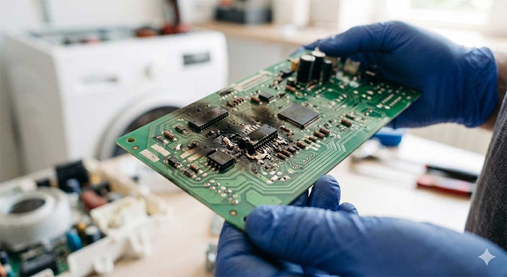 Appliance repair technician holding a fried and short-circuited Samsung washing machine control board.