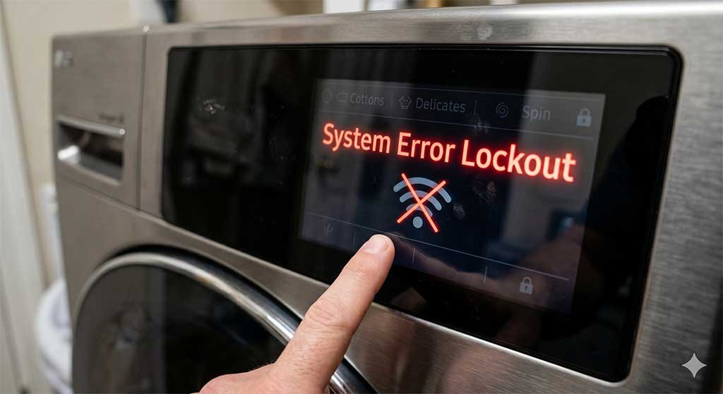 Unresponsive smart digital touchscreen locking up a Whirlpool Wi-Fi connected washing machine.