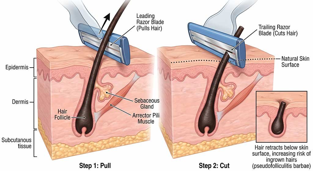 3D illustration showing how a manual razor cuts hair below the skin line, leading to trapped ingrown hairs.