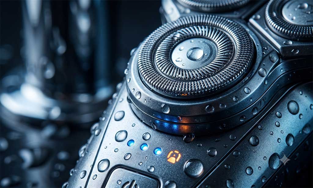 Macro shot of a waterproof rotary electric shaver with water droplets