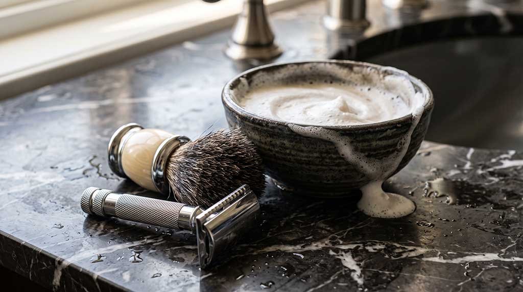 Close up of a chrome fixed safety razor on a bathroom sink next to a shaving brush.