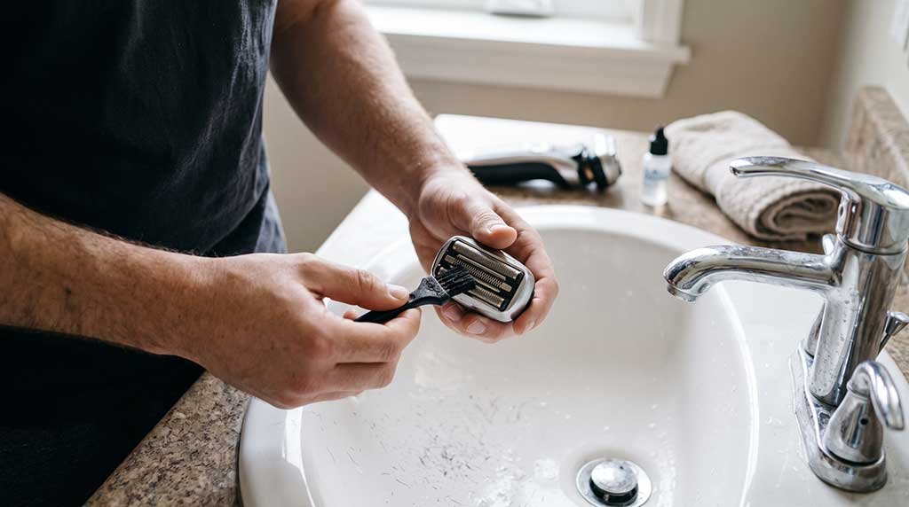Man cleaning clogged cutting blocks of his electric shaver with a brush