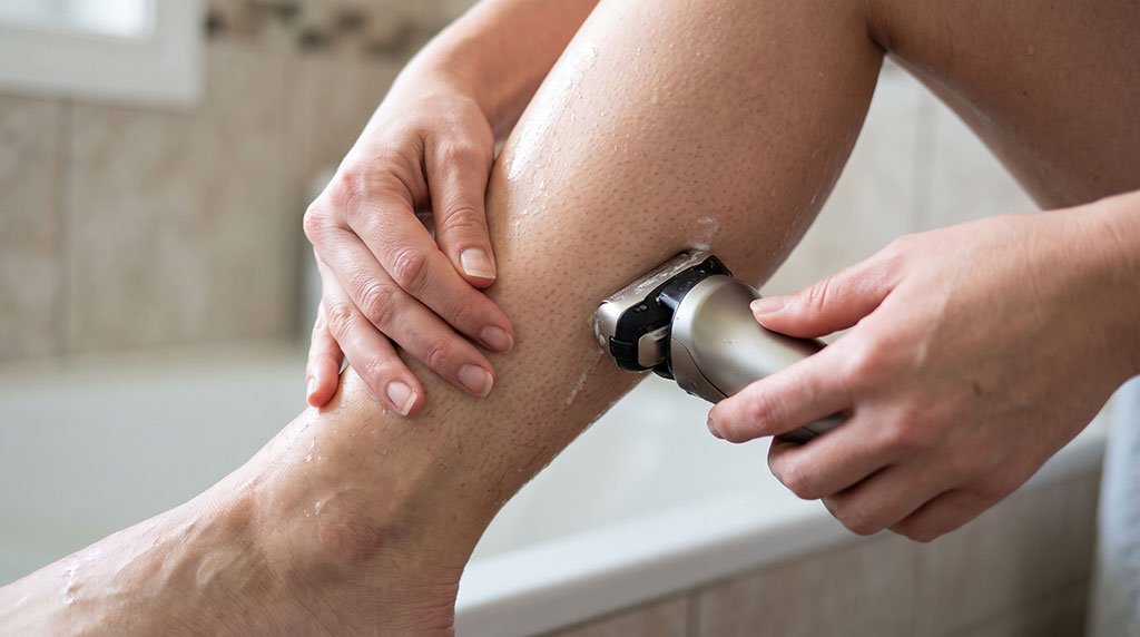 Proper technique of holding an electric foil shaver at a 90-degree angle on a taut leg