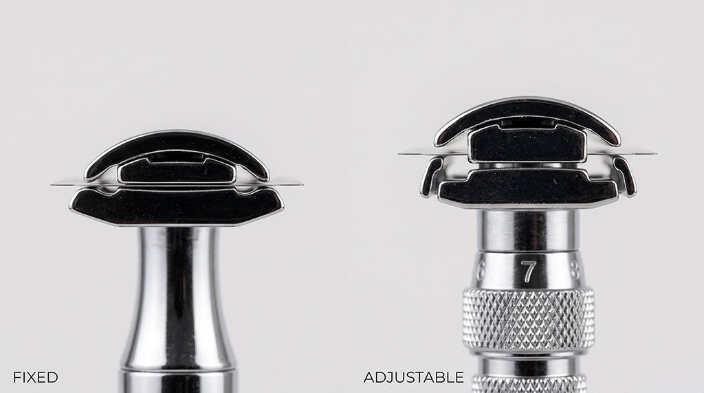 Side profile comparison of blade gaps on a fixed safety razor versus an adjustable safety razor